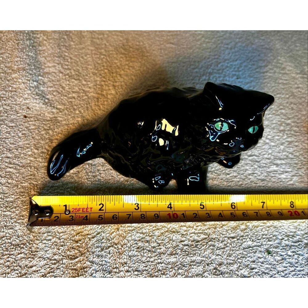 Vintage Glossy Black Cat with Green Eyes Ceramic Figurine Unmarked - Picture 6 of 7